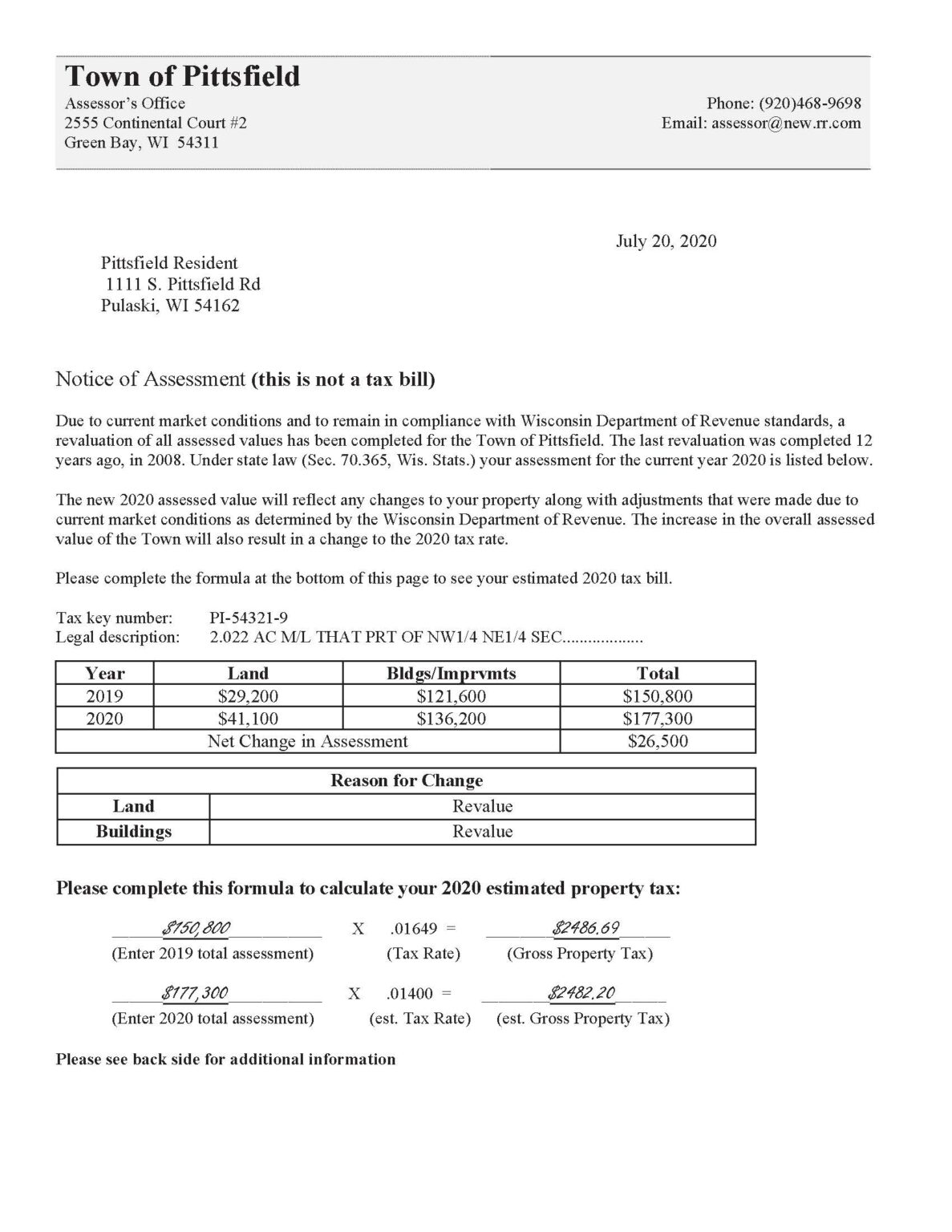 REASSESSMENT OF PROPERTY Town Of Pittsfield